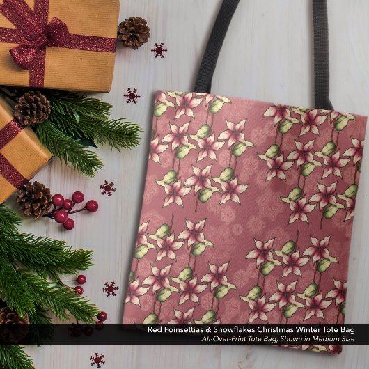 レッドポインセティアス&スノーフレークスクリスマスウィンター トートバッグ