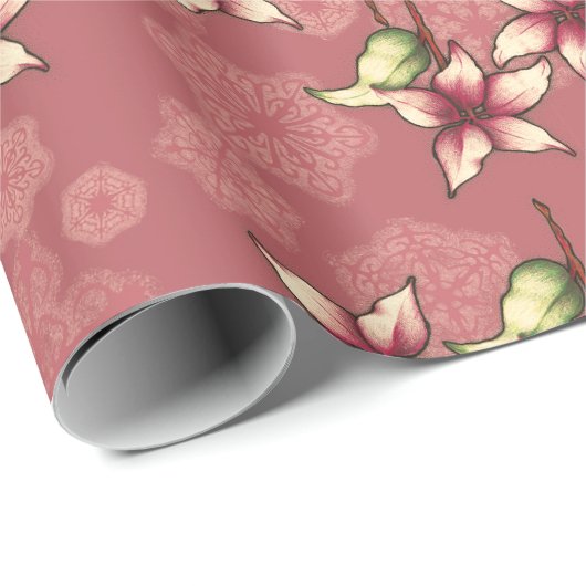 レッドポインセティアス&スノーフレークスクリスマス ラッピングペーパー (ロールコーナー)