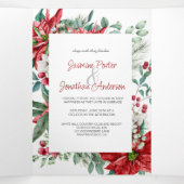 レッドポインセティアス、ホリー、ベリー結婚・クリスマス 三つ折り招待状 (内部中)