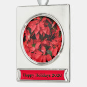 レッドポインセティアスIIクリスマスホリデーフローラ シルバープレートバナーオーナメント (左)