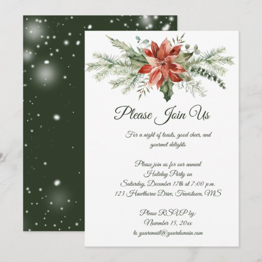 レッドポインセティアパインスノーフレーククリスマスパーティーイン 招待状 (正面/裏面)