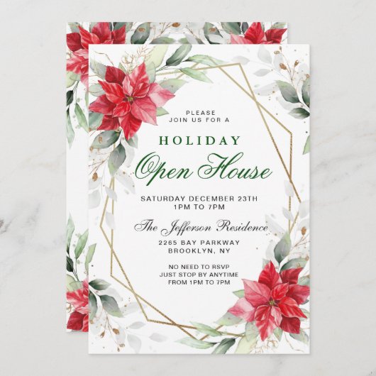 レッドポインセティアホリークリスマスホリデーオープンハウス 招待状 (正面/裏面)