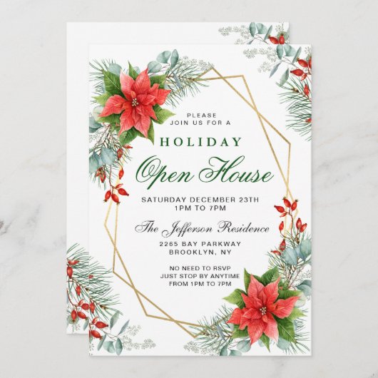 レッドポインセティアホリークリスマスホリデーオープンハウス 招待状 (正面/裏面)