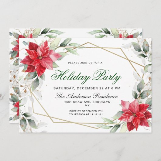 レッドポインセティアホリークリスマスホリデーパーティー 招待状 (正面/裏面)