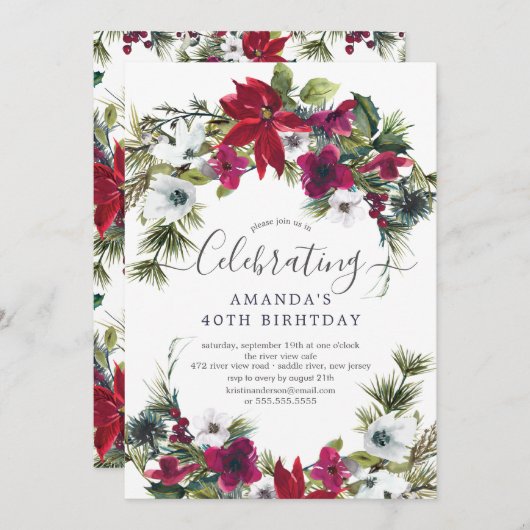 レッドポインセティアホリーパインバースデーパーティー 招待状 (正面/裏面)