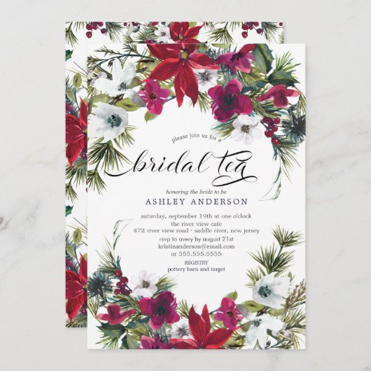 レッドポインセティアホリーブライダルシャワーブライダルティー 招待状 (正面/裏面)