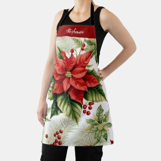 レッドポインセティアホリーベリークリスマスパーソナライズされた エプロン (インサイチュ)