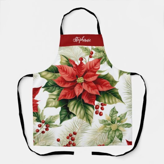 レッドポインセティアホリーベリークリスマスパーソナライズされた エプロン (正面)