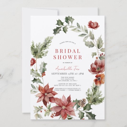 レッドポインセティアポピーホリデーフローラブライダルシャワー 招待状 (正面)
