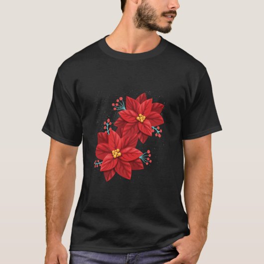 レッドポインセティアメリークリスマスフラワーハッピークリスマスG Tシャツ (正面)