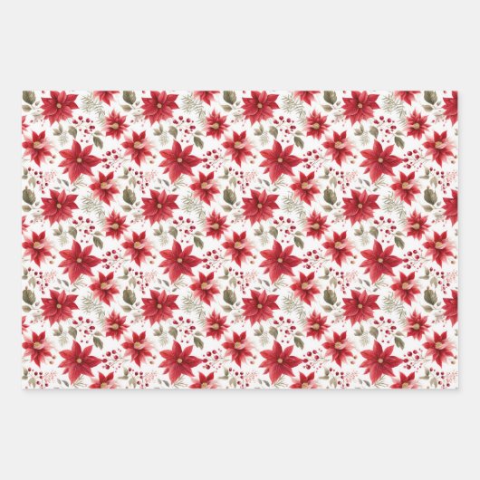 レッドポインセティシアクリスマスフラワーズフローラレッドベリー ラッピングペーパーシート (正面)