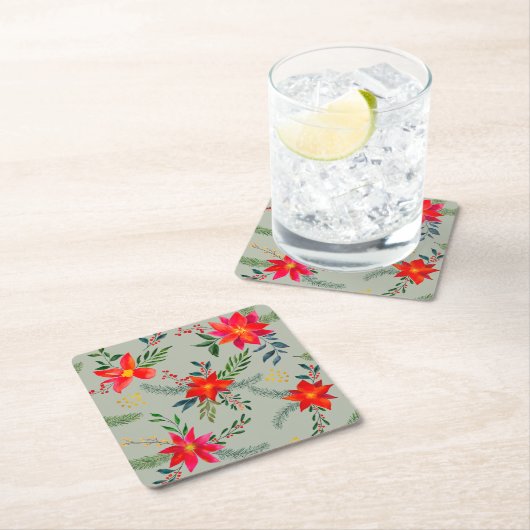 レッドポインセティシアクリスマスフローラ スクエアペーパーコースター (インサイチュ)