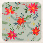 レッドポインセティシアクリスマスフローラ スクエアペーパーコースター (正面)