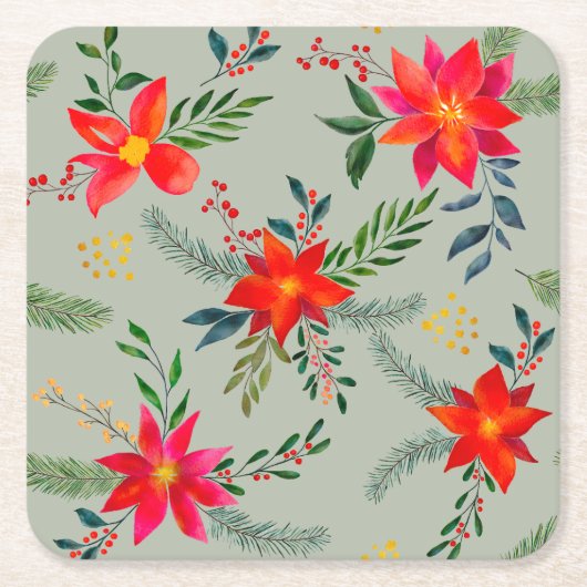 レッドポインセティシアクリスマスフローラ スクエアペーパーコースター (正面)