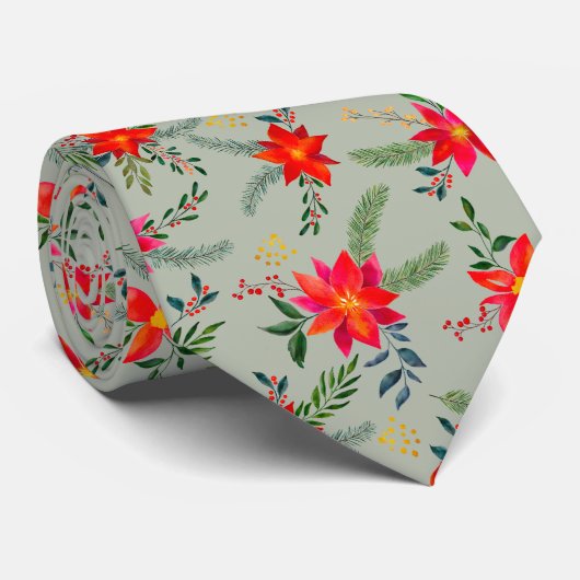 レッドポインセティシアクリスマスフローラ ネクタイ (ロール)