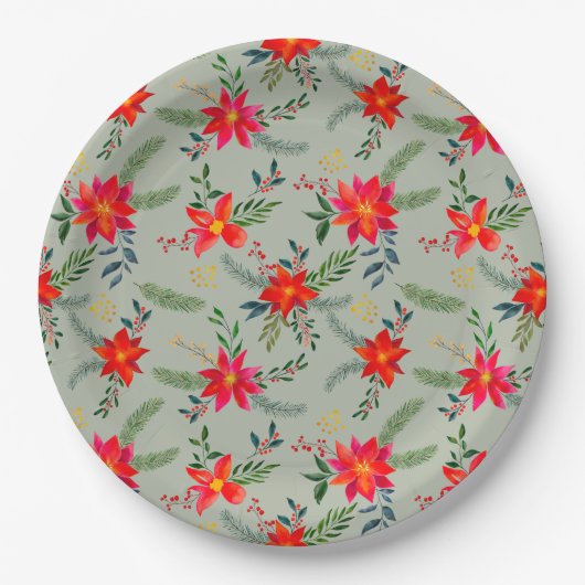 レッドポインセティシアクリスマスフローラ ペーパープレート (正面)