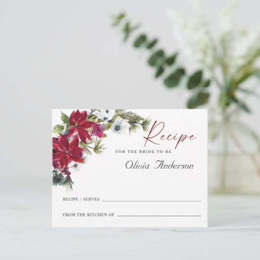レッドポインセティシアクリスマスブライダルシャワーレシピカード ポストカード (スタンド正面)