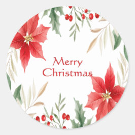 レッドポインセティシアクリスマスホリデーステッカー ラウンドシール