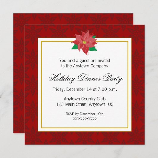 レッドポインセテ企業のィアホリデーディナーパーティー 招待状 (正面/裏面)