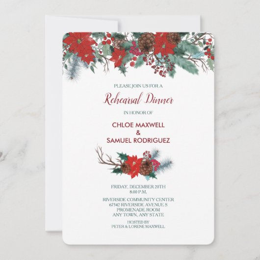 レッドポインセテ縁どィアブーケリハーサルディナー 招待状 (正面)