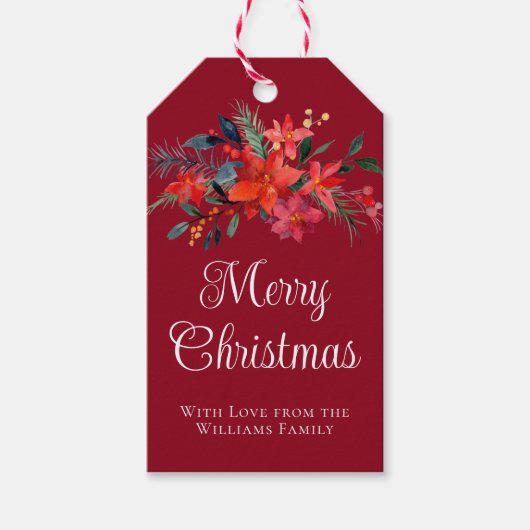 レッドポエレガントインセチアカスタムクリスマス ギフトタグ (正面)