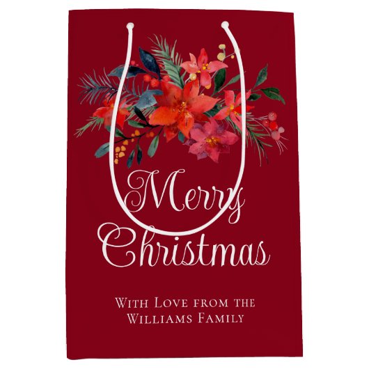 レッドポエレガントインセチアカスタムクリスマス ミディアムペーパーバッグ (正面)