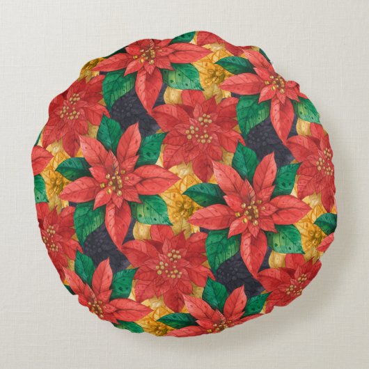 レッドポエレガントインセッティアスクリスマスホリデー ラウンドクッション (裏面)