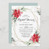 レッドポエレガントインセティアウィンターフローラブライダルシャワー 招待状 (正面/裏面)