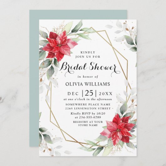 レッドポエレガントインセティアウィンターフローラブライダルシャワー 招待状 (正面/裏面)