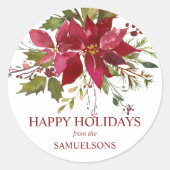 レッドポエレガントインセティアクリスマスハッピーホリデー ラウンドシール (正面)