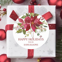 レッドポエレガントインセティアクリスマスハッピーホリデー ラウンドシール