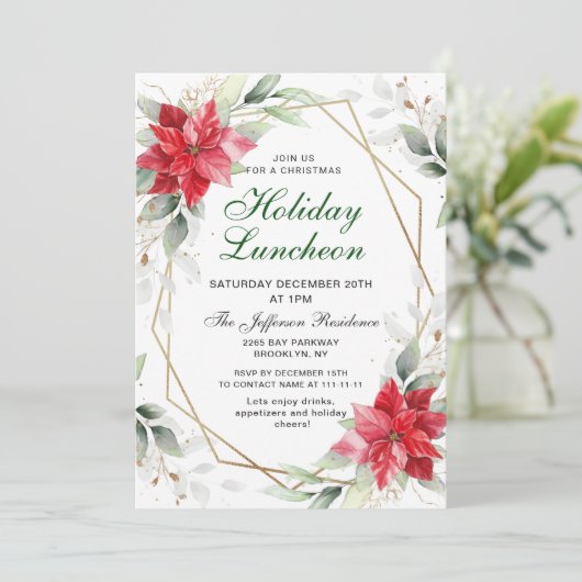 レッドポエレガントインセティアクリスマスホリデーランチョン 招待状 (スタンド正面)