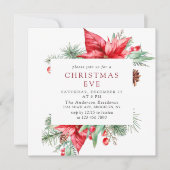 レッドポエレガントインセティアホリデークリスマスイブパーティー 招待状 (正面)