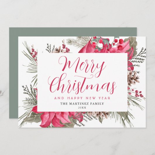 レッドポエレガントインセティアホリークリスマス シーズンカード (正面/裏面)