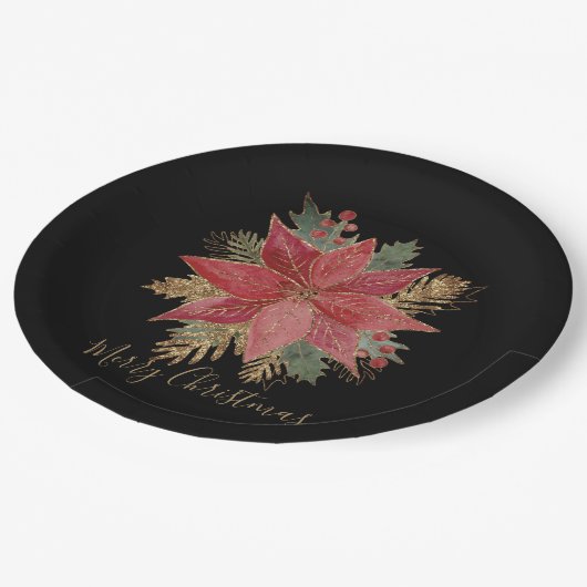 レッドポエレガントインセティアメリークリスマスパーティー ペーパープレート (アングル)