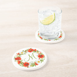 レッドポピズホワイトイエローデイジーフラワーリース コースター