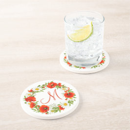 レッドポピズホワイトイエローデイジーフラワーリース コースター