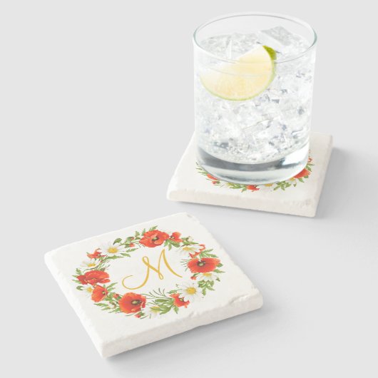 レッドポピズホワイトイエローデイジーフラワーリース ストーンコースター (横)