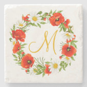 レッドポピズホワイトイエローデイジーフラワーリース ストーンコースター (正面)