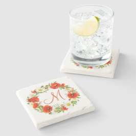 レッドポピズホワイトイエローデイジーフラワーリース ストーンコースター