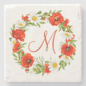 レッドポピズホワイトイエローデイジーフラワーリース ストーンコースター (正面)