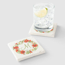 レッドポピズホワイトイエローデイジーフラワーリース ストーンコースター