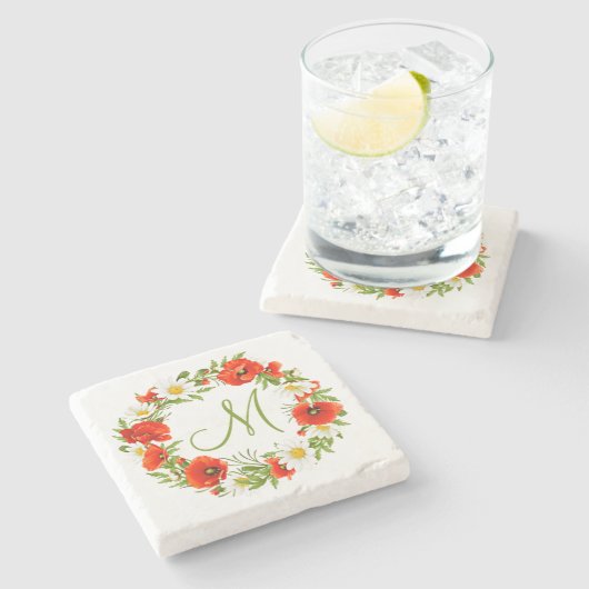 レッドポピズホワイトイエローデイジーフラワーリース ストーンコースター (横)