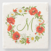 レッドポピズホワイトイエローデイジーフラワーリース ストーンコースター (正面)