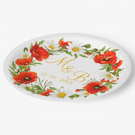 レッドポピズホワイトイエローデイジーフラワーリース ペーパープレート (アングル)