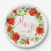 レッドポピズホワイトイエローデイジーフラワーリース ペーパープレート (正面)