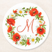 レッドポピズホワイトイエローデイジーフラワーリース ラウンドペーパーコースター (正面)