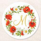 レッドポピズホワイトイエローデイジーフラワーリース ラウンドペーパーコースター (正面)