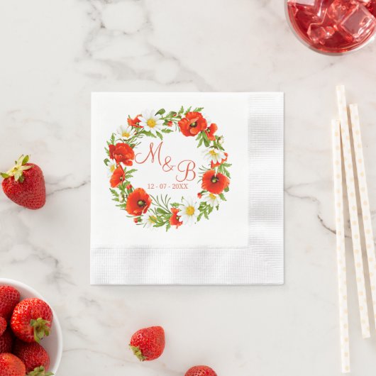 レッドポピズホワイトイエローデイジーフラワーリース 縁ありカクテルナプキン (インサイチュ)