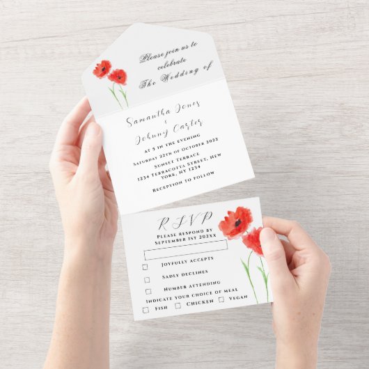 レッドポピズワイルドフラワーウォーターの色結婚フローラ オールインワン招待状 (貼ってはがせる)